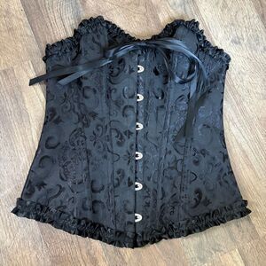 Black Floral Lace Up Bustier Corset Ruffled Tie Front Women's S great preworn co